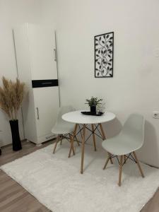 a table and chairs in a room with a refrigerator at Central Park Apartment in Novi Sad