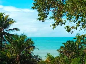 - une vue sur l'océan à travers les arbres dans l'établissement Paraíso da falésia em Cumuruxatiba com vista excepcional para o mar, à Cumuruxatiba
