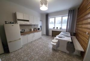 a kitchen with a table and a white refrigerator at Blueberry in Buczkowice