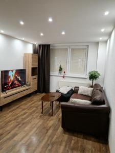 ein Wohnzimmer mit einem Sofa und einem TV in der Unterkunft Apartmán Siesta in Poprad