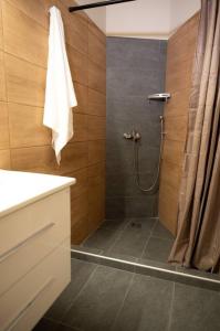 een badkamer met een douche en een douchegordijn bij Anesis Airport rooms 102 in Koropíon