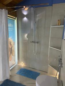 ein Badezimmer mit Dusche mit einer Frau, die darin steht in der Unterkunft Dimora Rosso 27 in Fiano