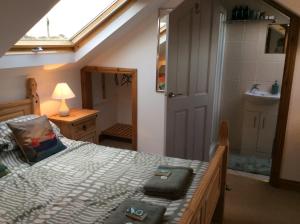 ein Schlafzimmer mit einem Bett, einem Waschbecken und einem Fenster in der Unterkunft The Burrows (ladybird lodgings) in Stoke Gabriel