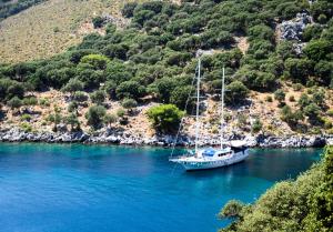 a boat sitting in the water next to a mountain at Seaborn Legend in Fethiye