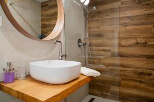 ein Badezimmer mit einem weißen Waschbecken und einer Dusche in der Unterkunft Ski&Bike Apartmán Blue in Janské Lázně + 7 Fotos