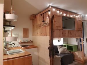 une cuisine avec un canapé et un placard dans l'établissement Studio Alpheratz Forest - 1 à 3 pers - WIFI, balcon, vue piste et glacier Muzelle, calme, proche commerces et pistes- TSC Super Venosc à 80m, à Les Deux Alpes