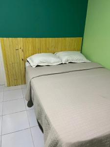 - une chambre avec 2 lits et un mur vert dans l'établissement Chalé em Barreirinhas - MA, à Barreirinhas