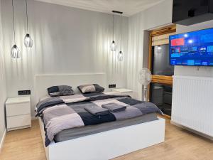 a bedroom with a large bed and a flat screen tv at Old Town Nadmotławie - Sauna & Gym I 10min deptak in Gdańsk