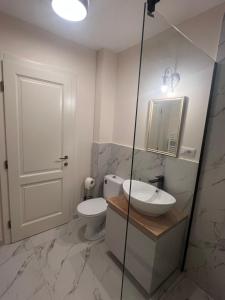 a bathroom with a toilet and a sink and a mirror at Apartament HERA in Alba Iulia +61 photos
