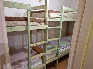 - un lit superposé vert avec 2 lits superposés dans un dortoir dans l'établissement Asphodèle, T2 bis, extérieur, wifi, parking, 6 personnes, à Cauterets