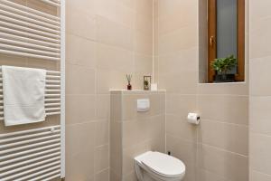 a white bathroom with a toilet and a mirror at homey Apartments Park Suite in Bremerhaven +39 photos