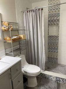 łazienka z toaletą i zasłoną prysznicową w obiekcie Private cozy cabin in the woods with great view w mieście Murphy