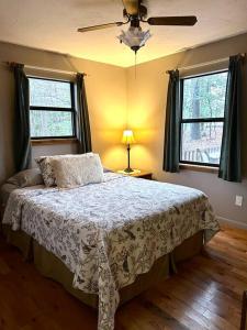 a bedroom with a bed and two windows at Private cozy cabin in the woods with great view in Murphy