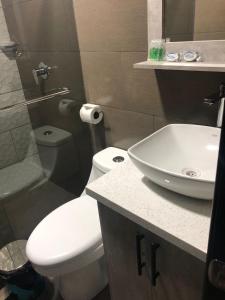 a bathroom with a white toilet and a sink at Stelar Hostal in Cuenca