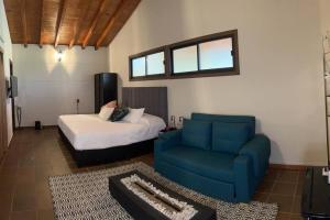 ein Wohnzimmer mit einem Bett und einer blauen Couch in der Unterkunft Cottage Refuge in Rionegro