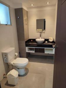 a bathroom with a white toilet and a sink at Departamento con excelente vista de la ciudad in Tarija