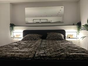 ein Schlafzimmer mit einem Bett und einem großen Spiegel darüber in der Unterkunft Business Apartment/Loft nähe Bonn in Königswinter
