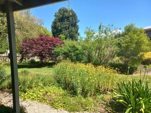 a garden with flowers and trees in the background at One bedroom country cottage in Motueka