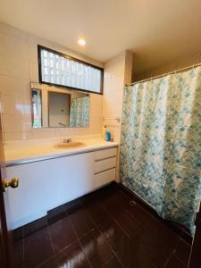 a bathroom with a sink and a shower curtain at The Rainier Bed & Breakfast 1 in San José