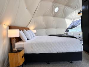 um quarto com uma cama numa tenda em Glamping Dome - Pinot em Cromwell