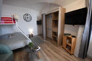 Habitación pequeña con cama y TV de pantalla plana. en Le trio des alpes en Mont-Dauphin