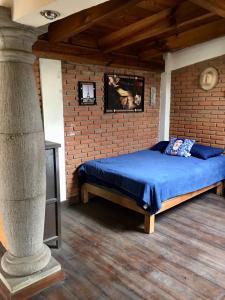 a bedroom with a blue bed in a brick wall at Hermoso LOFT rustico in Tenancingo de Degollado