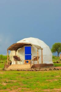 une yourte dans un champ avec deux chaises dans l'établissement Little Amanya Camp, à Amboseli