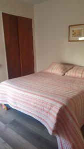 1 dormitorio con 1 cama con manta a rayas en Dúplex Nueva Córdoba! Balcón, Parrila, ideal, Pareja o Familia!!! en Córdoba