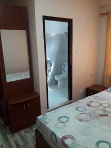 ein Schlafzimmer mit einem Bett und ein Badezimmer mit einem Spiegel in der Unterkunft Apartment Rupas in Kathmandu