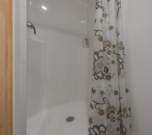 - un rideau de douche avec un design de singe dans l'établissement Tiny House at Buffalo River Lodge, à Saint Joe