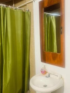 a bathroom with a green shower curtain and a sink at Hostal Raíces de mi Pueblo in Suchitoto