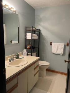 a bathroom with a sink and a toilet and a mirror at Cozy Condo in the Woods (5 mins to Loon Mountain) in Lincoln