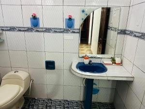 ein Badezimmer mit einem WC, einem Waschbecken und einem Spiegel in der Unterkunft Departamento 2 habitaciones Trinidad Beni in Trinidad