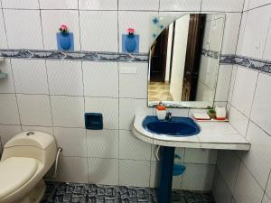 a bathroom with a toilet and a sink and a mirror at Departamento 2 habitaciones Trinidad Beni in Trinidad
