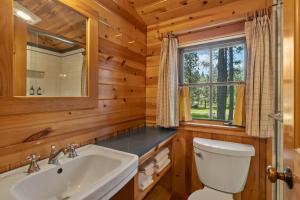 La salle de bains est pourvue de toilettes, d'un lavabo et d'une fenêtre. dans l'établissement Metolius Cabin 12, à Camp Sherman