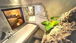 Rockwater Resort في جزيرة تانا: حمام مع حوض ومرآة ونبات