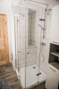una doccia con porta in vetro in bagno di Stadt-Ferienwohnung a Bad Lauterberg