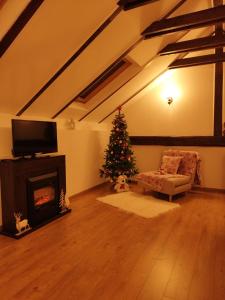 a living room with a christmas tree and a fireplace at Casa de vacanță Ayan in Hărman