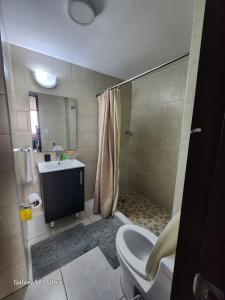 een badkamer met een douche, een toilet en een wastafel bij Casa Hany in Panama-Stad