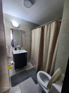 een badkamer met een toilet, een wastafel en een douche bij Casa Hany in Panama-Stad