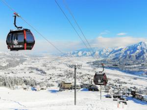 um par de teleféricos a voar sobre uma montanha coberta de neve em HOTEL1800 em Seki