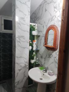 bagno con lavandino e specchio di chalet el ghaba a Ben Metir