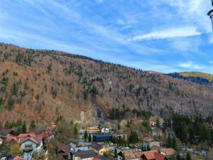 a town in front of a hill with trees at Apartament Panoramic View Sinaia in Sinaia