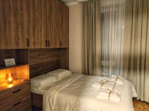 a bedroom with two beds and a large window at Apartman Centar in Požarevac