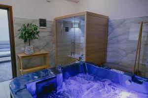 a bathroom with a blue tub with a shower at Hotel Secret Garden in Baia-Sprie