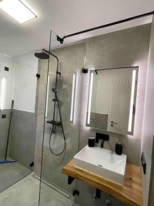 een badkamer met een wastafel en een douche met een spiegel bij Zechenbude - Erlebe das Ruhrgebiet in Gladbeck