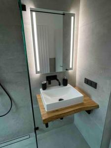 een badkamer met een witte wastafel en een spiegel bij Zechenbude - Erlebe das Ruhrgebiet in Gladbeck