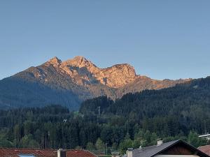 a mountain in the distance with trees and buildings at Haus Muigg in Innsbruck