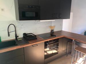 a kitchen with a counter with a sink and a microwave at Cosy T3 dans corps de ferme l écureuil in Vieillevigne
