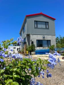 een huis met blauwe bloemen ervoor bij Second Hostel in Xiaoliuqiu